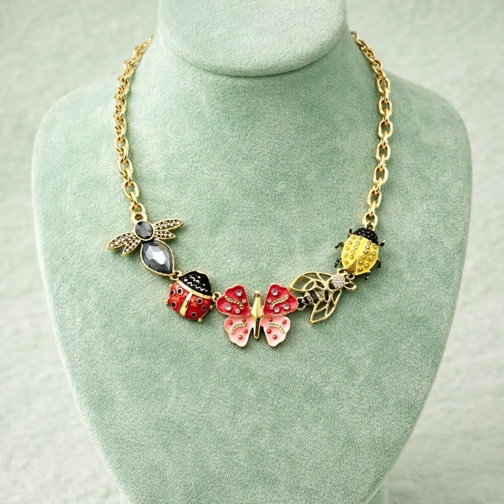 Insect Butterfly Zara Necklace Ladybug Bee Charm Whimsical Boho CZ Statement VTG